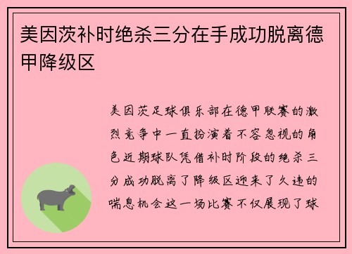 美因茨补时绝杀三分在手成功脱离德甲降级区